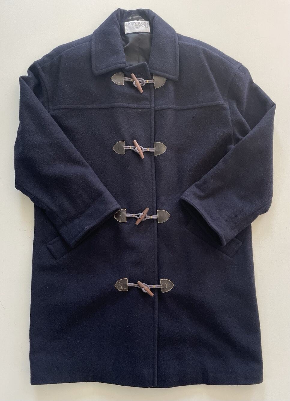 Vintage International Scene Navy Blue Pure Wool Toggle Jacket Coat Size 13/14